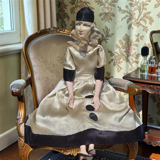 Antique French Art Deco Pierrot Boudoir Doll 29in 1920s Fabric Hand Painted Face Satin Dress - Etsy