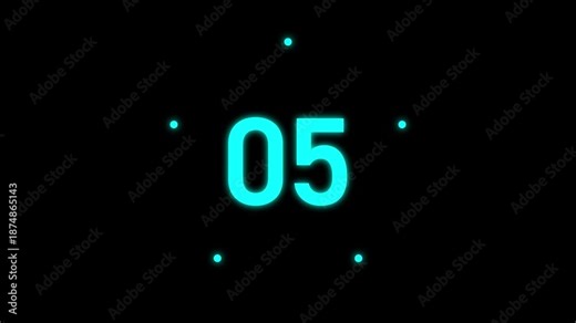 Futuristic cyan blue digital count up timer 0 to 5 seconds animation