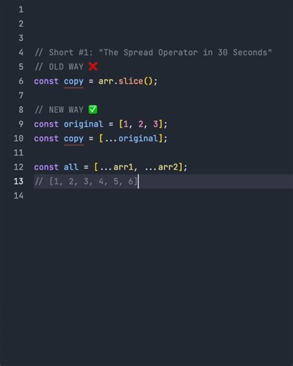 These three dots (...) changed JavaScript forever!  Copy and merge arrays in ONE line with the spread operator. No more .slice() or .concat()! ✨ Full tutorial on my channel  #javascript #coding #programming #webdevelopment #es6 #spreadoperator #learntocode #codingshorts #webdev #javascripttips | Fullstack Flow | Facebook