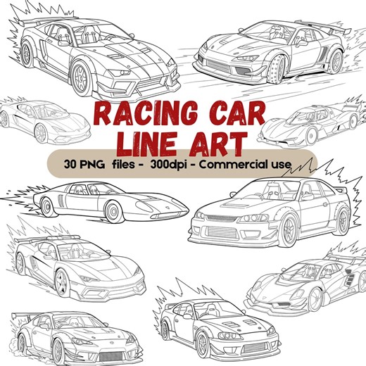 Racing Car Line Art Clipart, Sports Car Coloring Pages PNG, Supercar Outline Illustration, Race Car Drawing, Commercial Use - Etsy