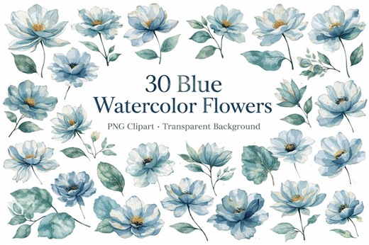 30 Blue Watercolor Flowers Clipart, Botanical Floral PNG Bundle (digital Download) - Etsy