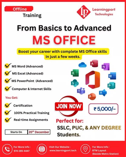 LearningPort Inst on Instagram: "🚀 From Basics to Advanced – 𝗠𝗦 𝗢𝗳𝗳𝗶𝗰𝗲 𝗧𝗿𝗮𝗶𝗻𝗶𝗻𝗴 (Offline Classes) Master the most essential computer skills for 𝗷𝗼𝗯𝘀, 𝗶𝗻𝘁𝗲𝗿𝗻𝘀𝗵𝗶𝗽𝘀, 𝗮𝗻𝗱 𝗵𝗶𝗴𝗵𝗲𝗿 𝘀𝘁𝘂𝗱𝗶𝗲𝘀! 📘 𝗪𝗵𝗮𝘁 𝗬𝗼𝘂 𝗪𝗶𝗹𝗹 𝗟𝗲𝗮𝗿𝗻: ✔ MS Word – Advanced ✔ MS Excel – Advanced ✔ MS PowerPoint – Advanced ✔ Computer & Internet Skills ✔ Real-time Assignments & Practical Sessions 🎁 𝗬𝗼𝘂 𝗚𝗲𝘁: ✔ Certification ✔ 100% Practical Training ✔ Real-time Tasks 🎯 𝗪𝗵