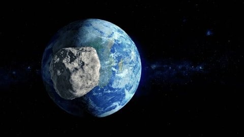 A simulation of the near-Earth space asteroid named 99942 Apophis enters Earth's orbit in April of 2029.