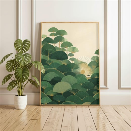 Art Deco Forest Landscape Poster, Japanese Inspired Green Botanical Wall Art Print, Sunrise Minimalist Nature Decor for Living Room Gift Set - Etsy