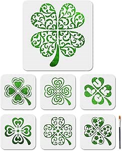 MAYJOYDIY 7 Pcs Four Leaf Clover Stencil Lucky Clover Art Stencils 11.8×11.8/5.9×5.9inch St Patrick's Day Craft Stencils with Paint Brush for Craft on Window Wall Home Party Decor