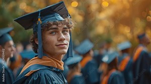 A male student wearing a cap and gown addresses the graduating class.