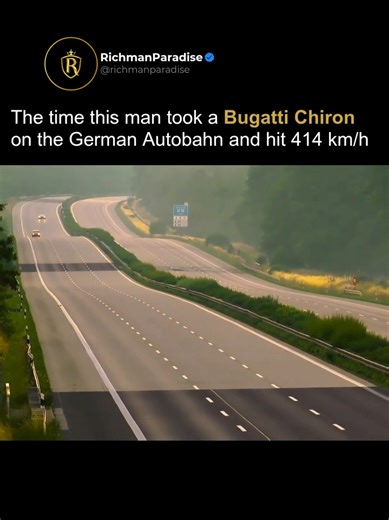 The Bugatti Chiron reached a speed of 414 km/h on the German Autobahn 🚀 A speed almost no other production car can exceed. Powered by a 1500 horsepower 8.0 liter quad turbo W16 engine it is a monster hypercar that pushes engineering to the edge. Going from 0 to 100 km/h in just 2.4 seconds a level of speed usually associated with aircraft rather than road vehicles. At this pace it devours football fields every second. With razor thin margins even the smallest mistake could be fatal 🔥 This is n