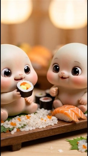 Cute baby’s eating sushi 🍣 ￼