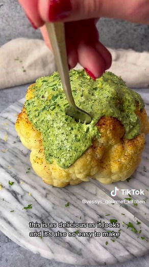 Delicious Whole Roasted Cauliflower with Green Tahini Sauce Recipe