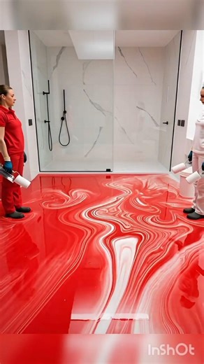 Modern Glossy Floor: Red & White Pattern Process🔴⚪ #shorts#epoxy