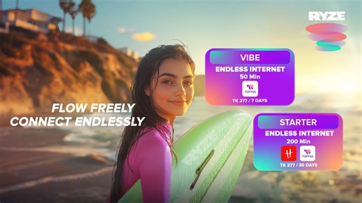 Keep your passion going from weeks to months with endless internet from RYZE. 🏄 Vibe for just ৳277/7 days Starter for just ৳377/30 days. Recharge from anywhere, and buy packs only from the RYZE App! 📲 Switch to RYZE and live like you mean it! 🚀💫 #RYZE #AIProductivity #LimitlessPotential #LiveLikeYouMeanIt #Ryzers #RyzeVerse #RaiseTheBarWithRYZE | RYZE Live