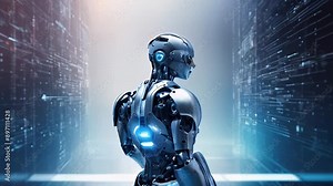 Male android Robot cyborg on digital network background with data lines and nodes. Concept of human-robot interaction, future technologies. AI generated Stock Video