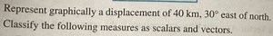 Represent graphically a displacement of 40 \mathrm{~km}, 30^{\c... | Filo