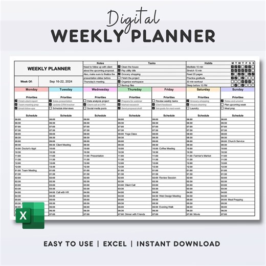 Weekly Planner Excel Template: Customizable Digital Schedule (digital Download) - Etsy