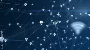 Animation of Wi Fi icons connected to a global network. Plexus visualization of the interaction of wi-fi points connected by lines on a blue background. High quality 4k footage