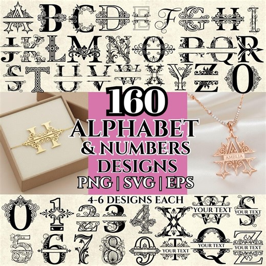 160 Ornamental Alphabet and Numbers SVG Bundle Vintage Monogram Letters A–Z 0–9 for Jewelry Engraving Cricut Laser Cut PNG EPS - Etsy