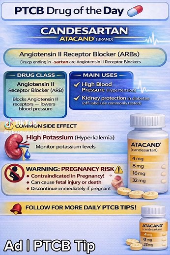 Learn about Candesartan (Atacand®), an Angiotensin II Receptor Blocker used to treat high blood pressure and support kidney health. Perfect quick review for PTCB pharmacy exam prep. Follow for more daily pharmacy tips and drug reviews! #PTCB #PharmacyTech #DrugOfTheDay #Candesartan #Top200Drugs