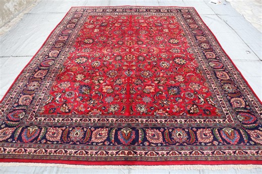 Vintage Bidjar Area Rug 9'0 X 12'0 Ft, Antique Handmade Wool Soft Pile Rug, Navy Blue Red Oriental Rug, Farmhouse Rug, Dining Table Rug - Etsy