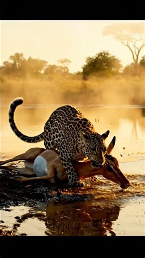 Leopard leaps from a tree ambushing an impala #wildlifebattle #bigcat #wildlifedocumentary