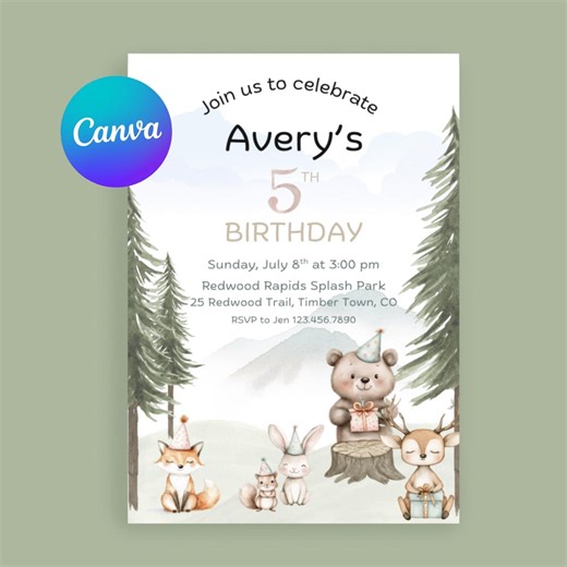 5th Birthday Invitation Template, Easy Edit in Canva, Instant Download, Kids Woodland Party Invite With Tutorial and Instructions - Etsy