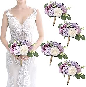Artificial Bridesmaid Bouquets 4Pcs -7 Inch Bridesmaid Bouquets Fake Floral Silk Rose Handmade for Wedding Holding Flowers, Bridal Shower,Engagement Wedding Ceremony Anniversary - Lilac