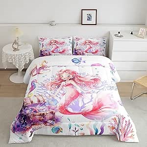 Manfei Cute Mermaid Bedding Comforter Set,Girls Twin Bed Set,Dreamy Underwater Fish Blankets for Kids,Watercolor Sealife Duvet Insert,Ocean Fairy Tale Theme Girls Room Decor 10-12 Year Old