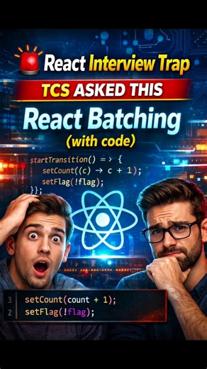 Bhavesh.Tech on Instagram: "🚨 React Interview Trap TCS asked this: React Batching (with code) ⚛️ This looks simple… but React batching is one of those concepts most candidates can’t explain clearly in interviews. React batching groups multiple state updates into one single re-render — improving performance and preventing unnecessary UI work. In this video, you’ll understand: ✔️ What React batching really is ✔️ How batching works behind the scenes ✔️ Why React 18 batching changed things ✔️ How i