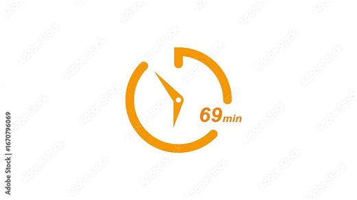 69 minute timer clock animation. Countdown stopwatch and clock icon with 69 minute label for cooking, workout fitness, and time management on white background with alpha channel.