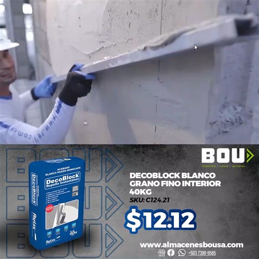 DecoBlock® Blanco Hueso Monocapa es un acabado decorativo compuesto de cemento Portland, arenas finas, fibras reforzadas, polímeros y químicos formulados especialmente para producir acabados de un espesor de 2 a 10 mm. | Almacenes BOU