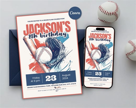 Baseball-themed Birthday Party Celebration Invitation Template, Baseball Invite, Sports Game Birthday Invite, Grand Slam Celebration, Canva - Etsy