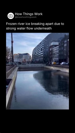 How Things Work on Instagram: "Ice breaks on a river not just from cold or warmth, but from force applied by flowing water underneath. Even when the surface is frozen, the river continues moving below, pushing against the ice sheet and creating shear stress. Faster current increases pressure at weak points, especially near bends, shallow areas, or obstacles, causing cracks to form from below. As water erodes the ice underside, it thins unevenly, and once the stress exceeds the ice’s tensile stre