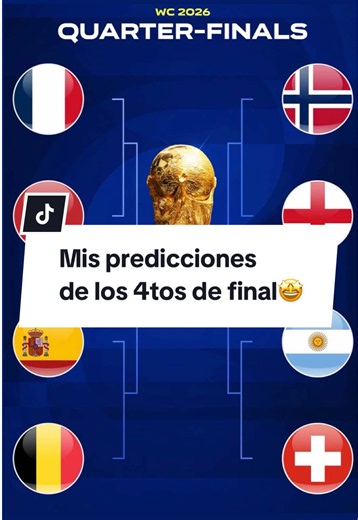 Mis predicciones de cuartos de final🤩 #FIFAWorldCup #cuartosdefinal #predicciones #tiktokdeportes #reycantu francia marruecos españa bélgica inglaterra noruega argentina suiza 4tos cuartosdefinal pronósticos mundial mundial2026