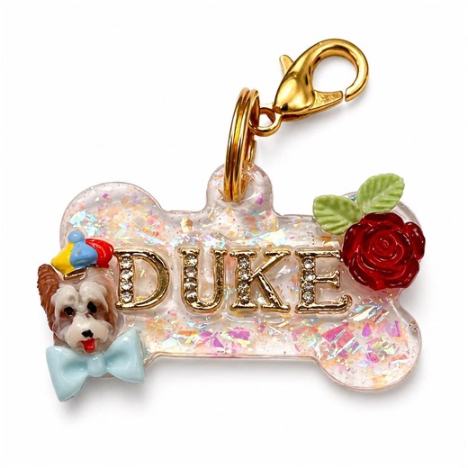 Custom Glitter Resin Dog Tag – Bone Shaped, Gold Lettering, Rose Accent - Etsy