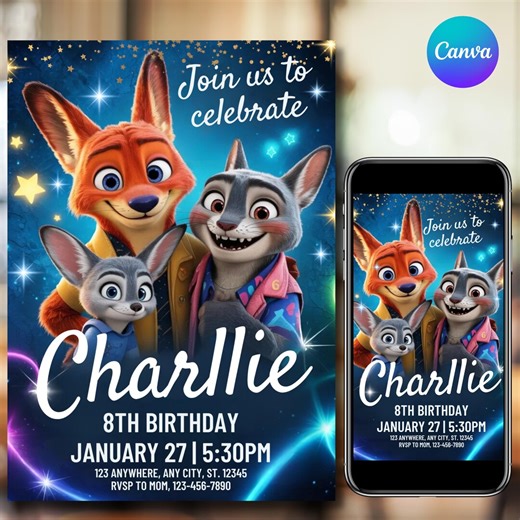 Zootopia 2 Birthday Invitation, Zootopia Party Invite, Kids Birthday Card, Animal Theme Party Invite, Canva Template ,DIY Canva Editable - Etsy Canada