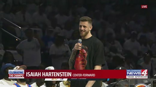 Isaiah Hartenstein speaks at the OKC Thunder Championship Celebration