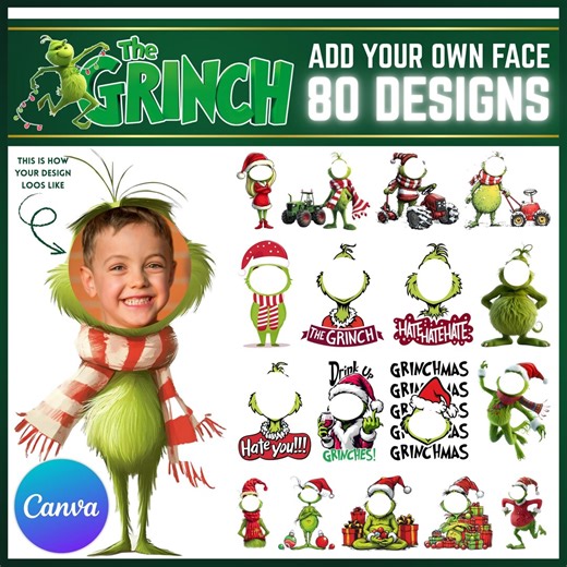 Grinch Christmas Design Add Photo, Face in Hole Template - Fully Editable in Canva , Printable Digital Download - Etsy