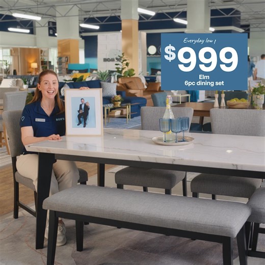 7.8K views | A dining set with a real marble table? Oh my Bob!™ Shop my affordable Elm collection and dine in style for less! | Bob's Discount Furniture | Facebook