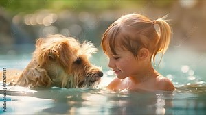 Child and dog bond in pool sharing a joyful moment together. Concept Child and Dog Bonding, Pool Fun, Joyful Moment, Pet Photography, Heartwarming Connection