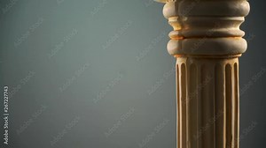 Single ancient greek column rotating slowly on blue color background, copy space text area