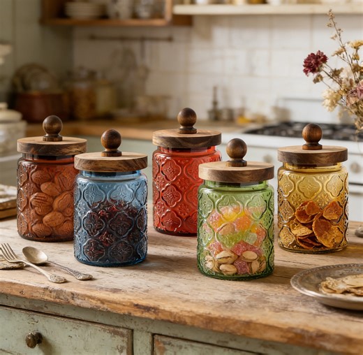 Btomtd Colored Glass Jar for Household Snacks and Candy 700ml/23.7oz, Kitchen Food Storage Containers with Lids for Tea and Dry Goods (Quatrefoil Embossed, Red)