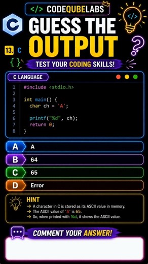 💻 GUESS THE OUTPUT #13 | C Programming Character Challenge 🤔 | ASCII Code Test #Shorts