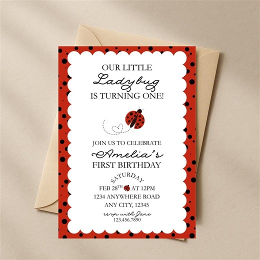 Ladybug First Birthday Invitation, Red Black Ladybug Party, Editable Canva Birthday Invite, Cute Ladybug Theme, Printable Girl Birthday - Etsy