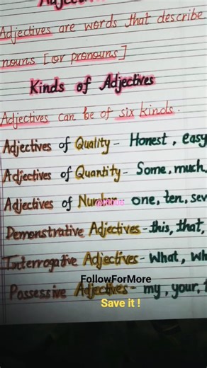 Kinds of Adjectives #English #Grammar #Education #Learning #Shorts