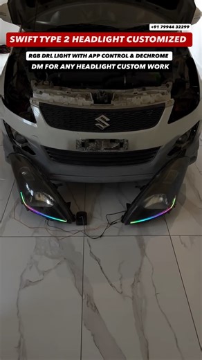 Car1automotive on Instagram: "Swift type 2 headlight custom work . App controled DRL RGB LIGHT ADDED . DECHROME . 380 WATTS HEADLIGHT BULB ADDED . We can do all type of headlight customization in any cars just dm in our whatsapp number +91 79944 32299 . All india shipping available all kind of custom car accessories and body kits available, CHECK OUR account ( highlight & stories ) . @car1_automotive_ . Our location THODUPUZHA . #headlightcustom #headlightcustomization #headlightrestoration #hea