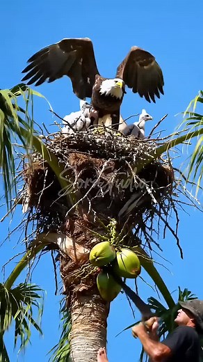 Climb a high palm tree and cut down a coconut tree with a saw. The nest is gone #creatorsearchinsights