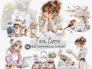 Tea Time Watercolor Clipart, Vintage Tea Gathering Free Commercial PNG, Urban Girl and Tea, Tea Tray, Floral Tea Setting, Tea Jar Container - Etsy