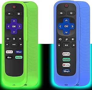 Roku Universal Silicone Case - Glow in The Dark, Compatible with Roku TV Remote/Express/Streaming Stick/Premiere, Voice Remote with Lanyard (Green and Blue)