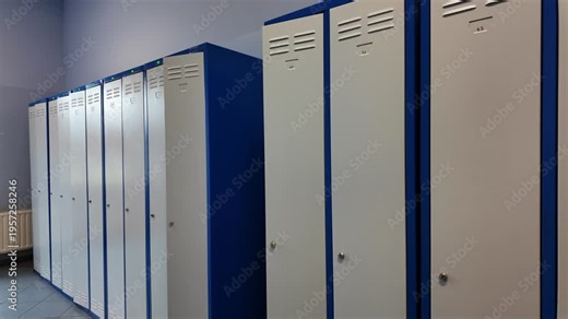 Metal employee and school lockers in white and blue, rows of health and safety lockers in changing room, steel social furniture with locks and vents, sports facility equipment, order.