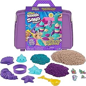Kinetic Sand, Mermaid Palace Playset Folding Sandbox with 2.06lbs Play Sand (Neon Purple, Shimmer Teal & Beach), Tools, Sensory Toys, Stocking Stuffers for Kids Ages 3 and up
