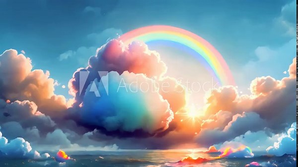 Cute animation with smiling sun and Magical fluffy clouds sparkling under a rainbow, timelapse style clouds drifting in the blue sky, background for music visualizer, kawaii aesthetic, fantasy Stock Video